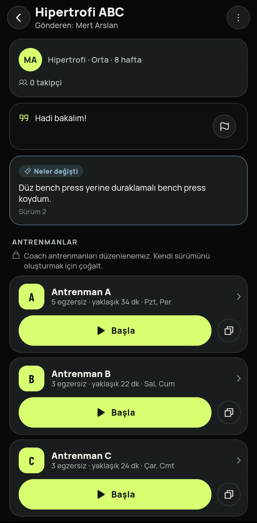 Koçunun sana gönderdiği her şeyi görmek için Ana Sayfa ekranında aşağı kaydır ve programlarının hemen altındaki Coach programı öğesine dokun.