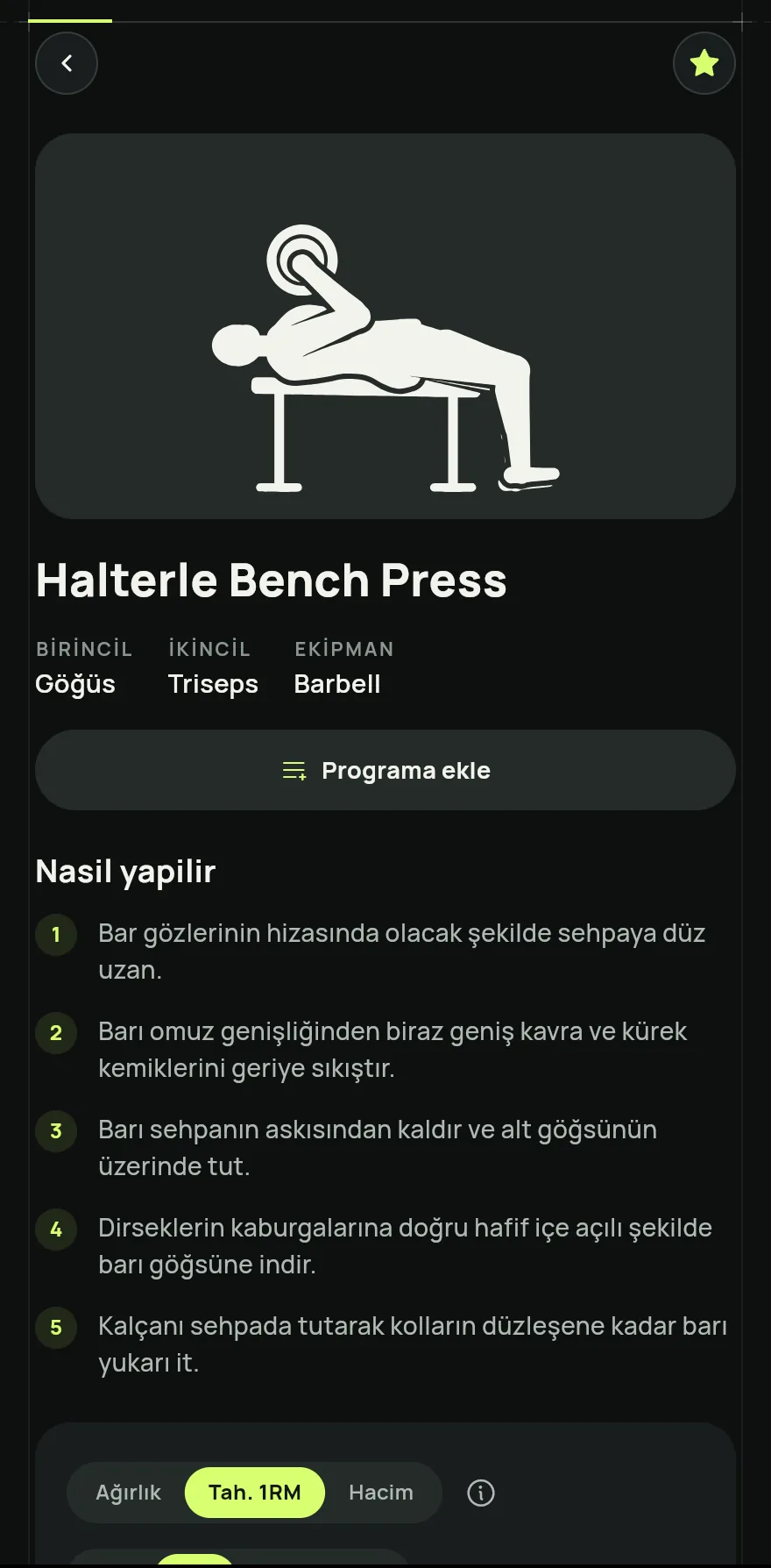 Bir egzersize dokunarak sayfasını aç: Nasıl yapılır, ana ve yardımcı kaslar, ekipman, antrenmanlarının Geçmiş bölümü ve Benzer egzersizler.