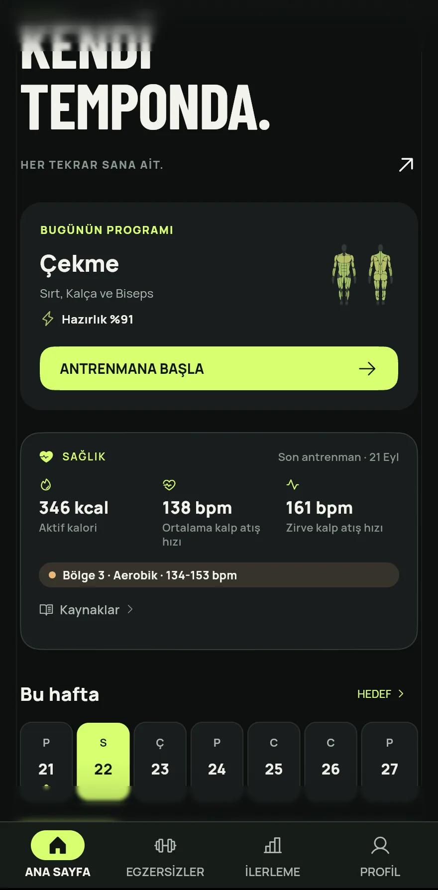 Gym+ uygulamasını aç. Ana Sayfa, alttaki çubuğun ilk sekmesidir.