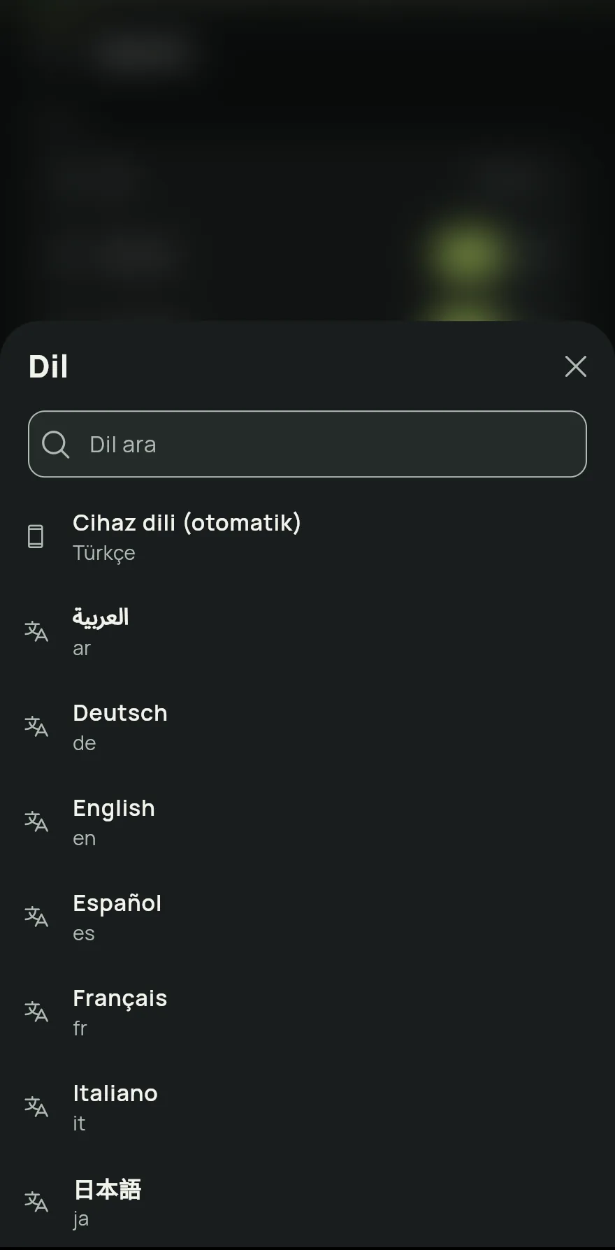 Genel grubunda Dil öğesine dokun. Kullanılan dil yanında görünür.