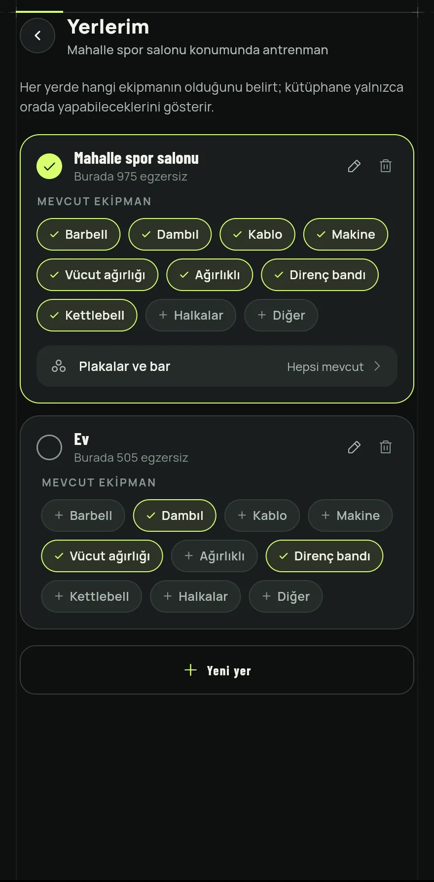 Profil sekmesini aç, Ayarlar öğesine dokun ve antrenman bölümünde Yerlerim öğesine dokun.