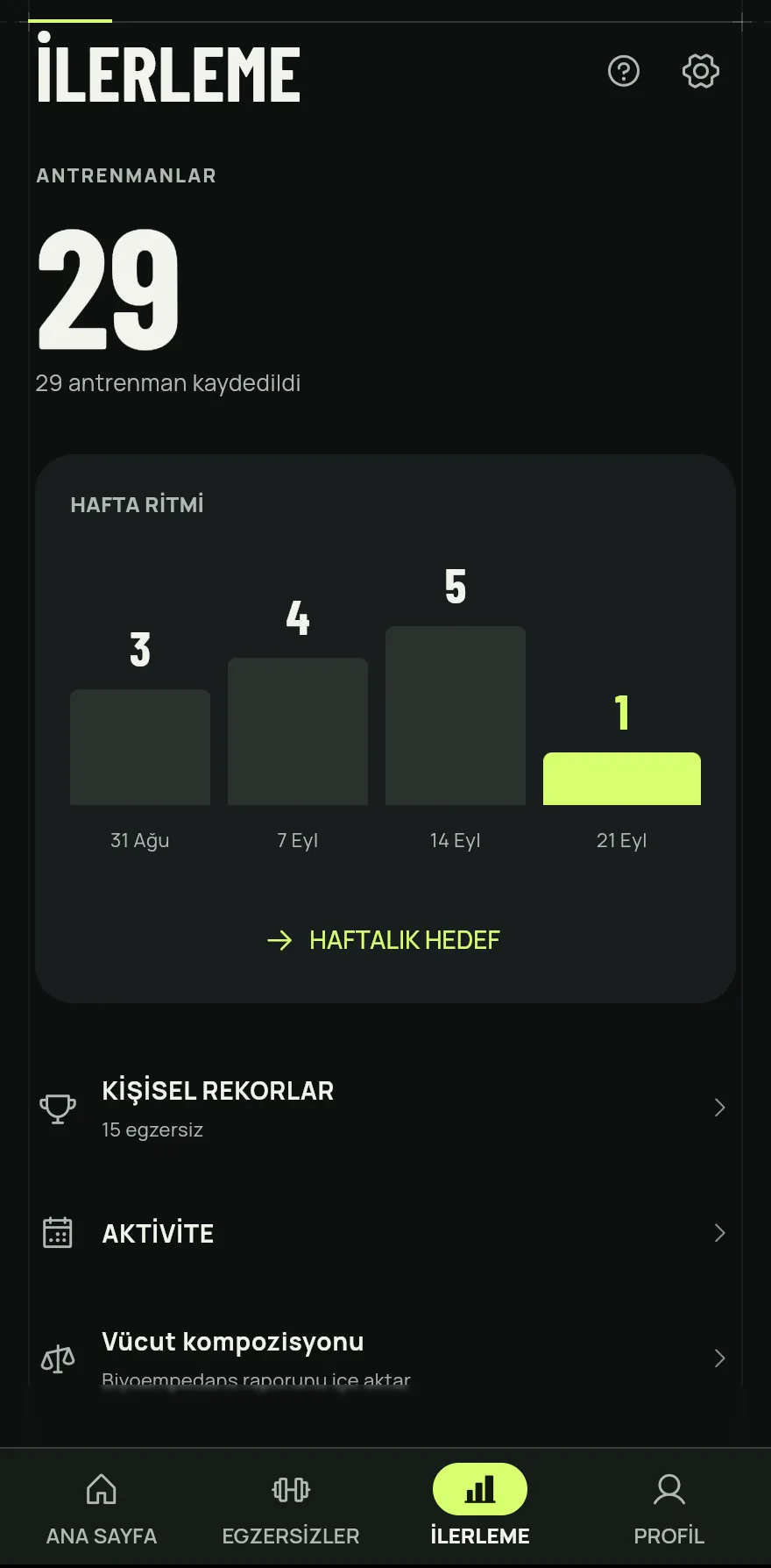 Alttaki çubukta İlerleme öğesine dokun. Üst kısım kaydettiğin toplam Antrenmanlar sayısını gösterir.