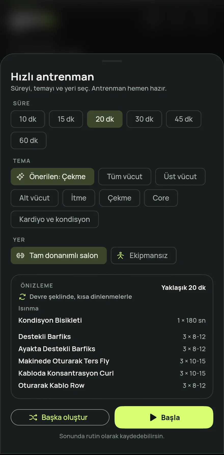 Ana Sayfa ekranında Antrenmana başla düğmesine dokun ve Hızlı antrenman seçeneğini seç. Planlanmış program olmayan bir günde günün kartı da bir Hızlı antrenman kısayolu gösterir.