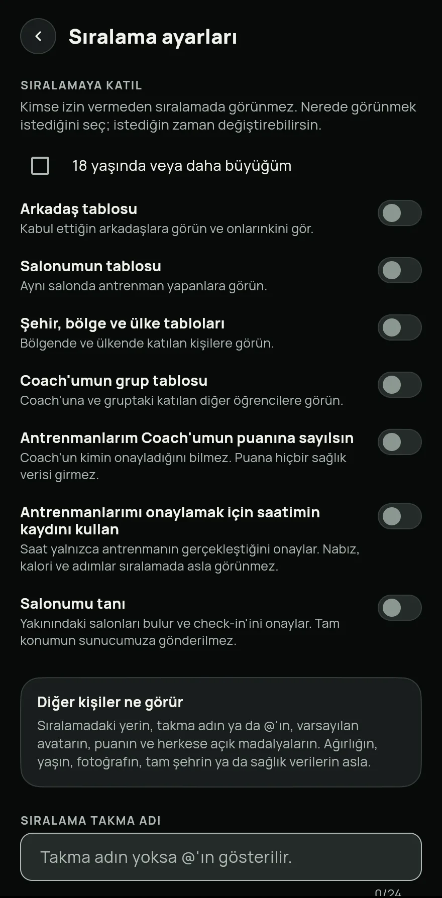Katıl düğmesine dokun. Sıralama ayarları içinde 18 yaşında veya daha büyüğüm seçeneğini onayla ve görünmek istediğin tabloları aç: Arkadaş tablosu, Salonumun tablosu veya Şehir, bölge ve ülke tabloları.