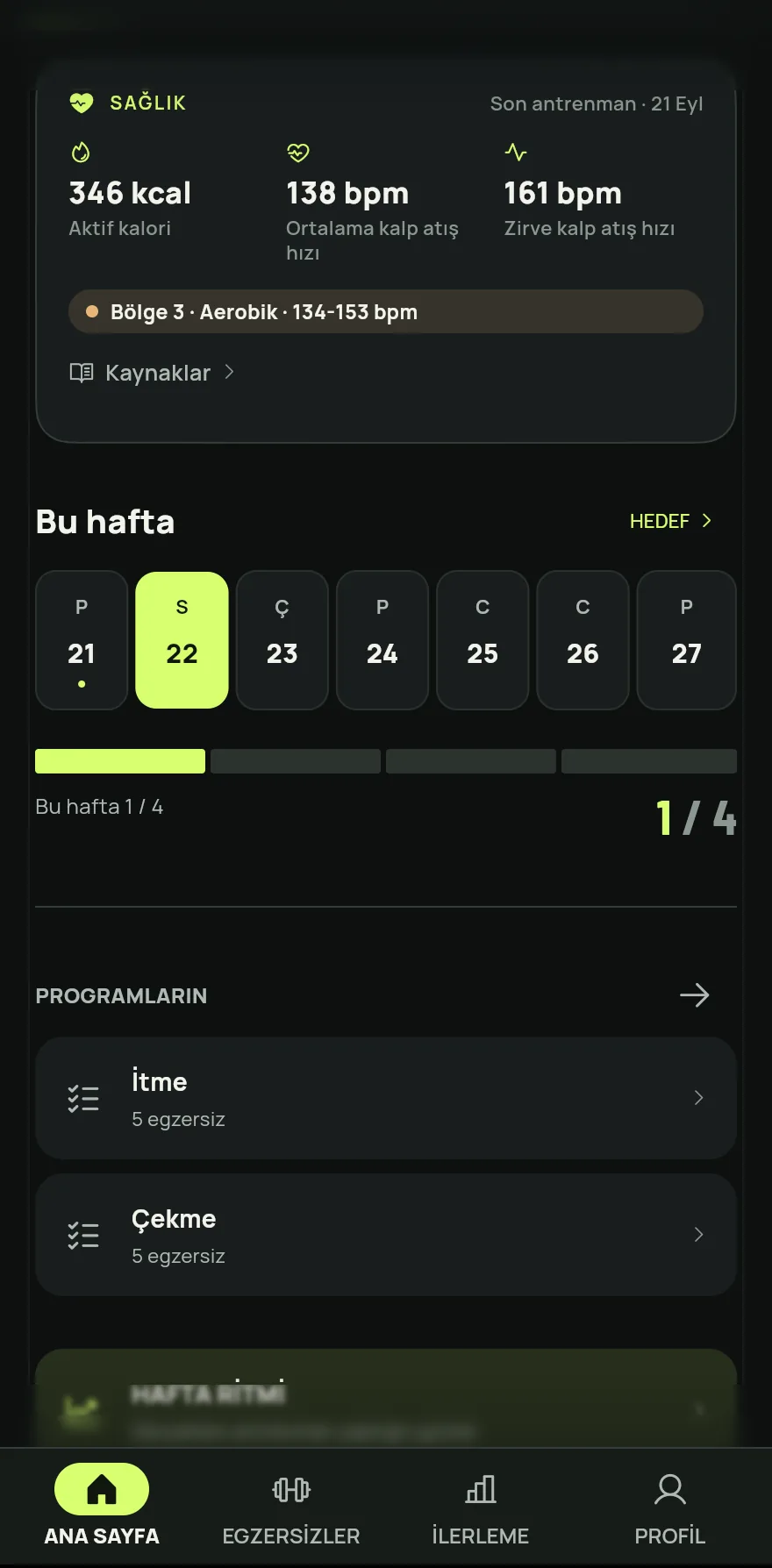 Ana Sayfa ekranında Bu hafta bölümüne kaydır. Çubuk kaç gün antrenman yaptığını ve hedefin ne olduğunu gösterir, örneğin bu hafta 4 günün 2'si.