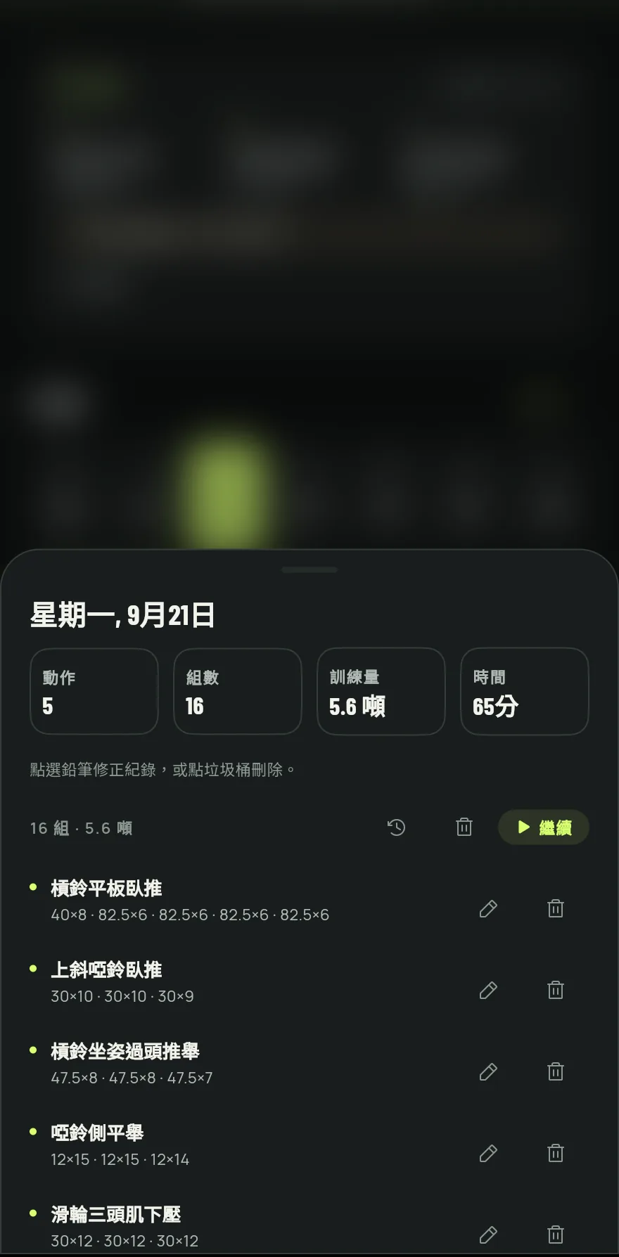 點一下某一天。面板會顯示日期以及動作、組數、訓練量和時間的合計,下方是每個動作及其組數和重量。