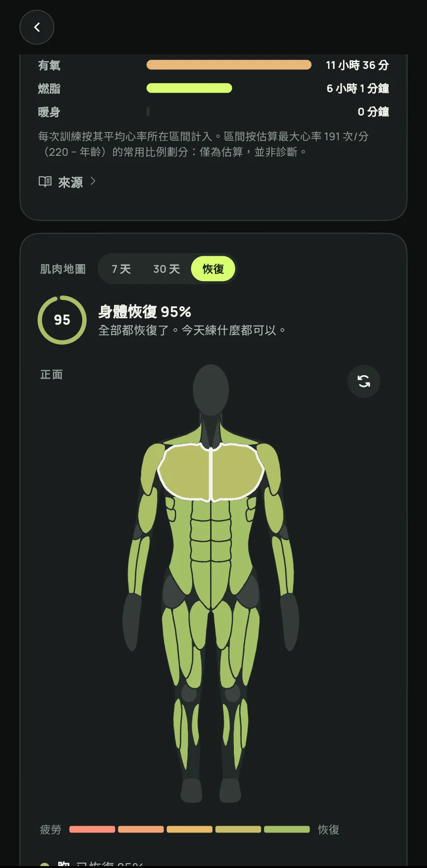 要查看全身,開啟進度分頁,在肌肉地圖卡片上點一下恢復。