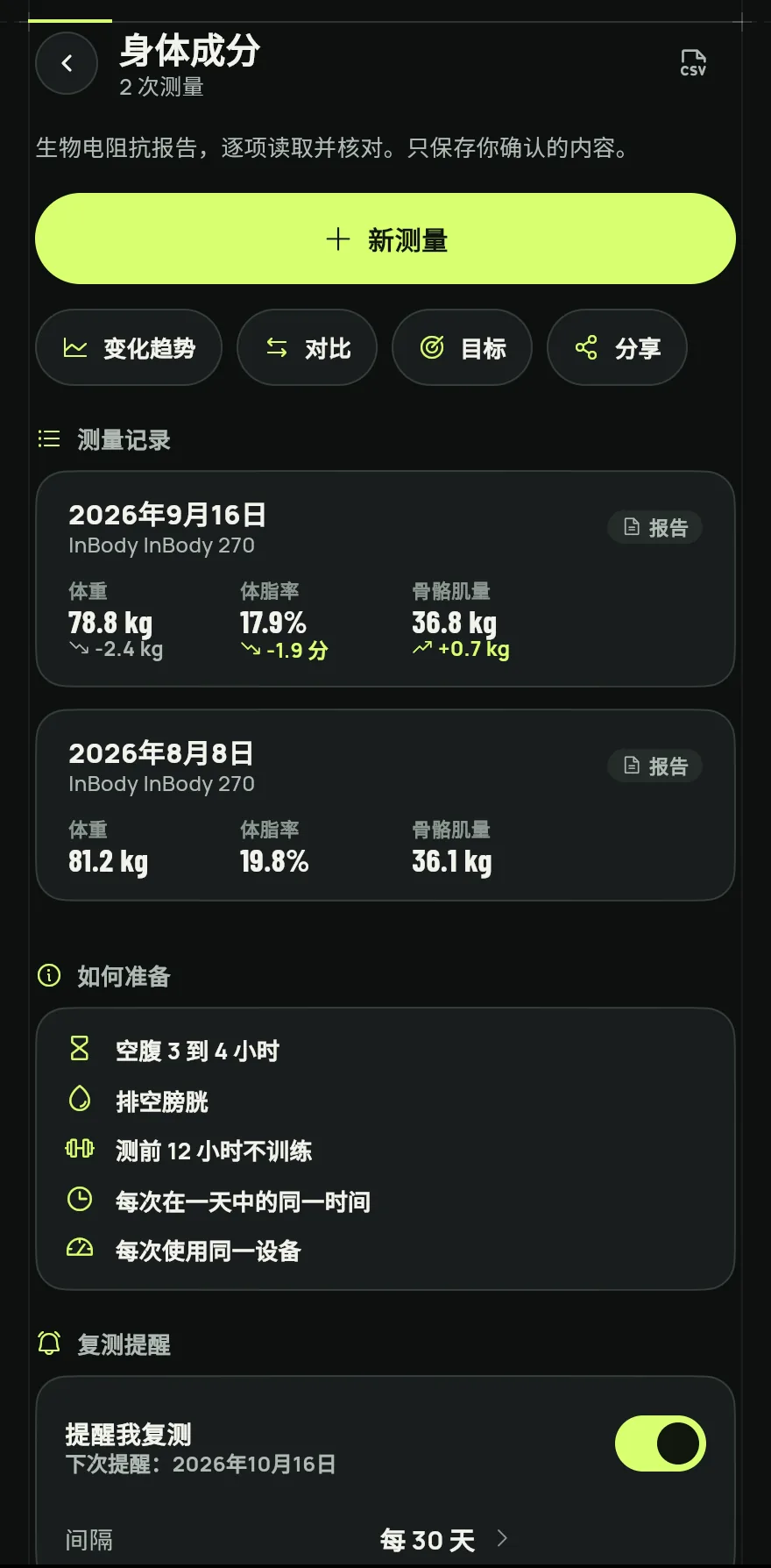 在个人资料标签页的我的训练与进度下,点击身体成分。身体围度页面的身体成分卡片也有同样的入口。