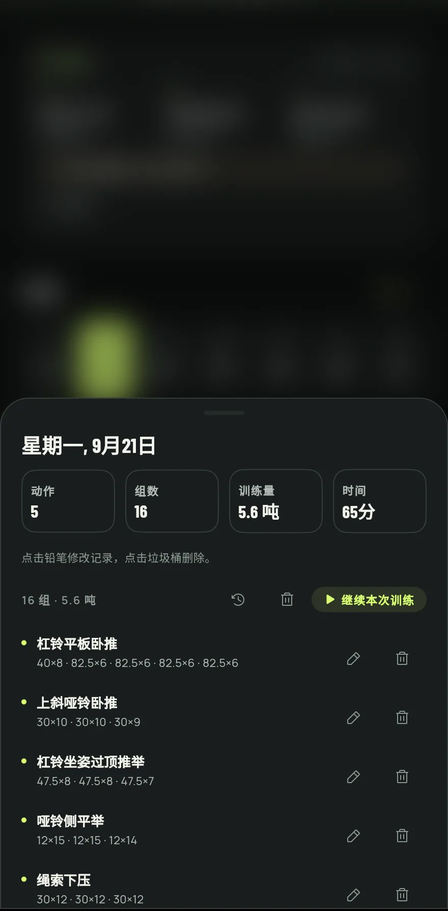 点击某一天。弹出的面板会显示日期以及动作、组数、训练量和时间的合计,下面是每个动作及其组数和重量。