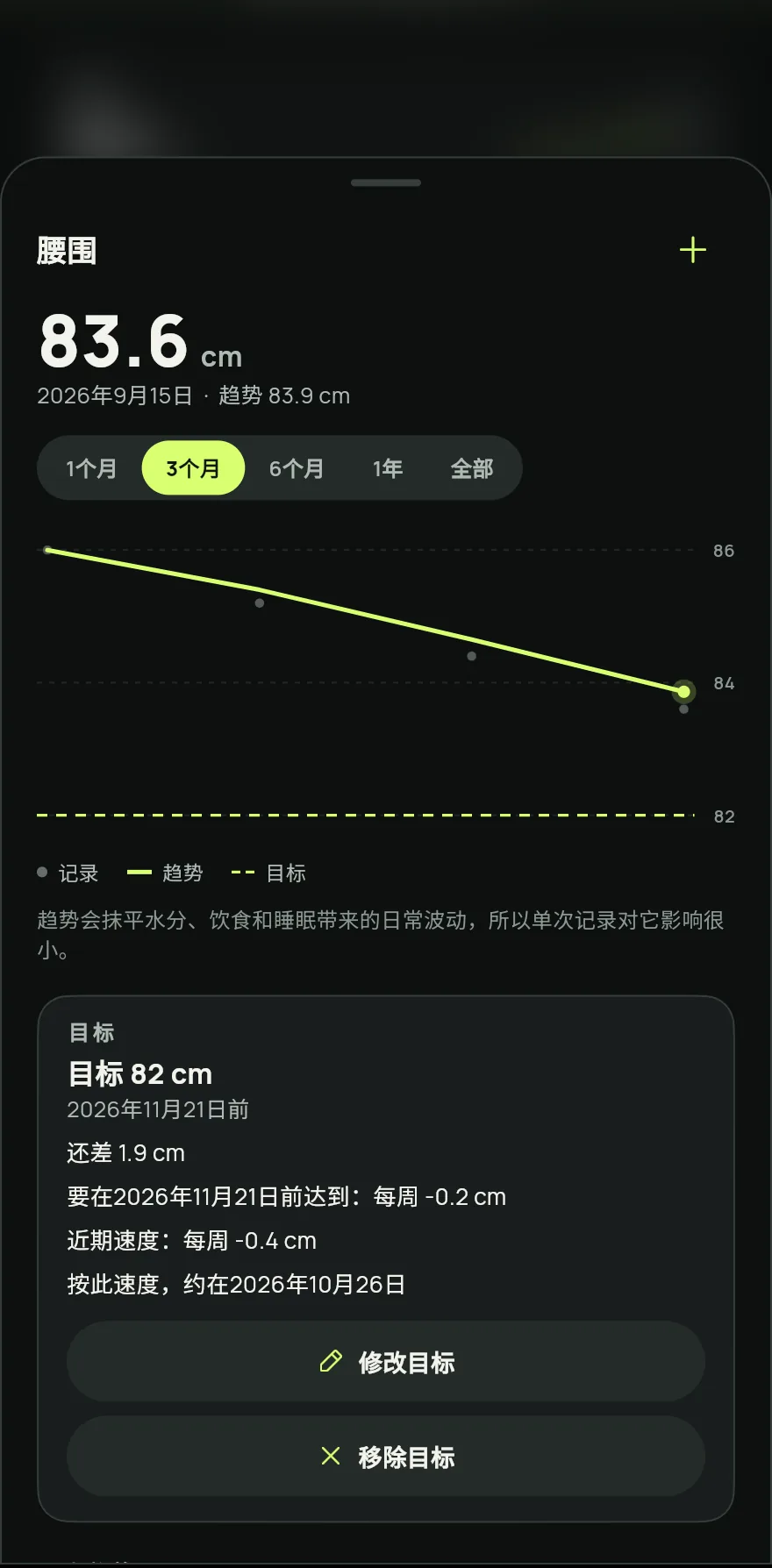 点击项目名称旁的 +,输入数值,确认日期后点击保存。