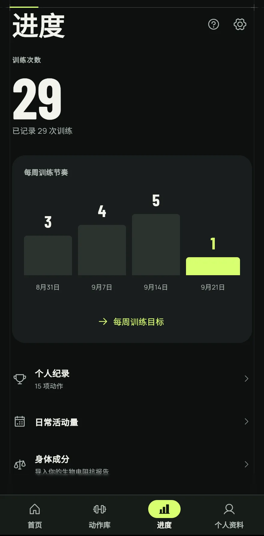 点击底部导航栏中的进度。顶部显示你已记录的训练次数总数。