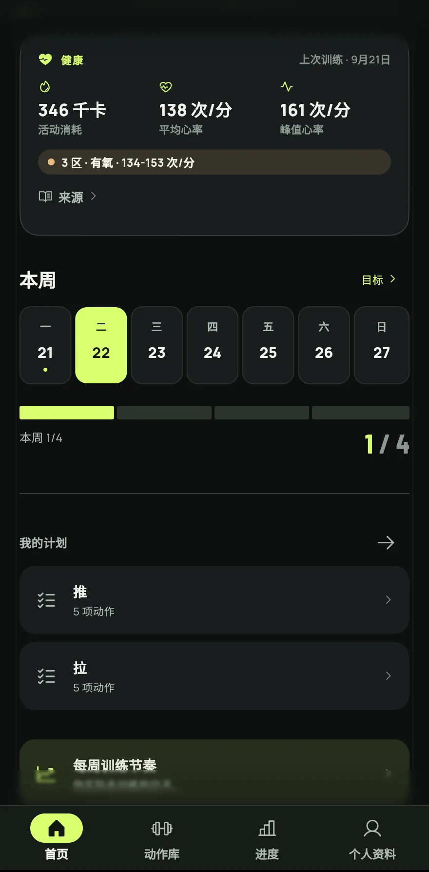 在首页滚动到本周。进度条会显示你训练了几天以及目标是多少,例如本周 2/4。